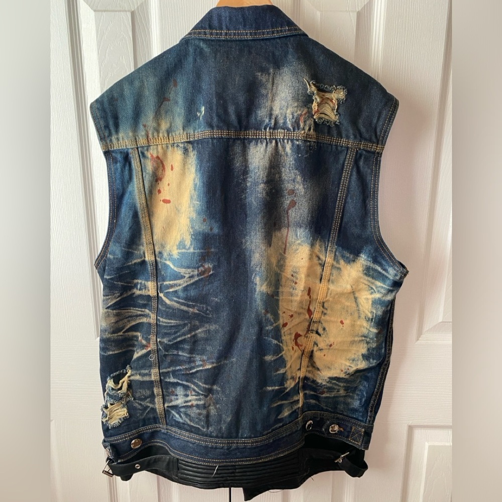 The Heritage by America 1776 Distressed Faux Leather Bleached Denim Moto Vest 2X - Picture 2 of 12